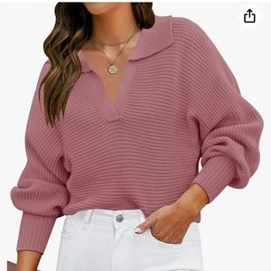 ZESICA Lapel Collar V Neck Ribbed Knit Pullover Sweater | Small | Dusty Pink